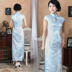 Cherry blossom floral navy blue silk brocade qipao sleeveless long cheongsam Chinese  traditional dress