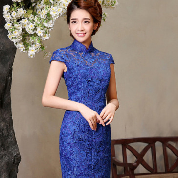 Blue lace modern short qipao short Chinese cheongsam dress (four colors available)