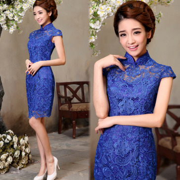Blue lace modern short qipao short Chinese cheongsam dress (four colors available)