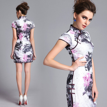 Chinese watercolor floral print white lace cheongsam mandarin collar mdoern mini qipao dress
