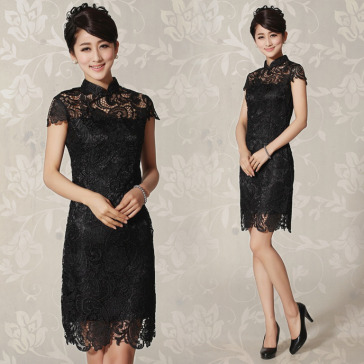 Elegant short lace cheongsam black mandarin collar dress