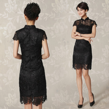 Elegant short lace cheongsam black mandarin collar dress