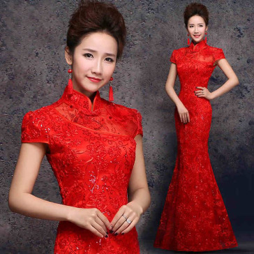 Cap sleeve 3D lace cheongsam floor length mermaid Chinese red wedding dress