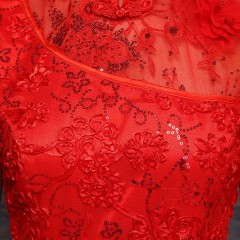 Cap sleeve 3D lace cheongsam floor length mermaid Chinese red wedding dress