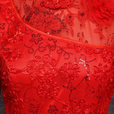 Cap sleeve 3D lace cheongsam floor length mermaid Chinese red wedding dress
