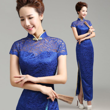 Cap sleeve blue lace long Chinese mandarin collar dress