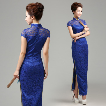 Cap sleeve blue lace long Chinese mandarin collar dress