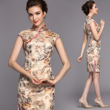 Champagne flowers embroidered lace plus size silk cheongsam dress