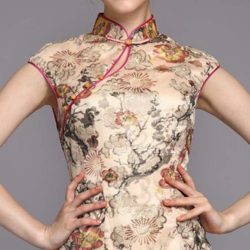 Champagne flowers embroidered lace plus size silk cheongsam dress