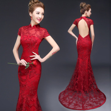 Burgundy red open back trailing prom dress mandarin collar Chinese bridal wedding cheongsam