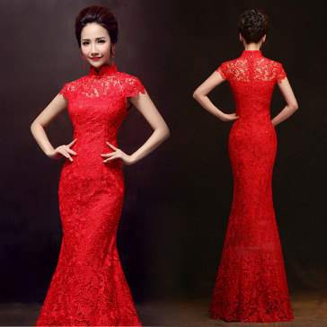 Cap sleeve red lace mermaid cheongsam Chinese bridal dress