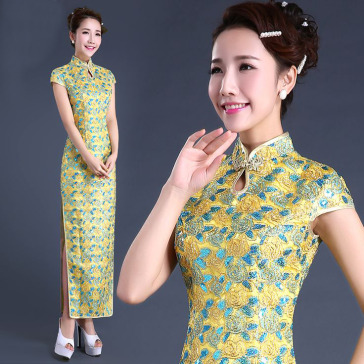 Blue leaves yellow floral lace long Chinese mandarin collar sheath dress