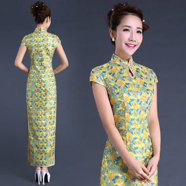 Blue leaves yellow floral lace long Chinese mandarin collar sheath dress
