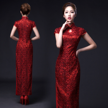 Burgundy red floral lace long cheongsam Chinese wedding dress