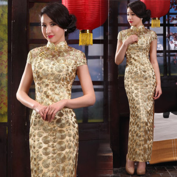 Circled pattern gold lace long cheongsam mandarin collar Chinese sheath dress