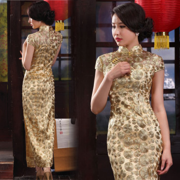 Circled pattern gold lace long cheongsam mandarin collar Chinese sheath dress