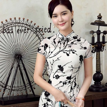 Black and white flocking lace cheongsam short flower dress