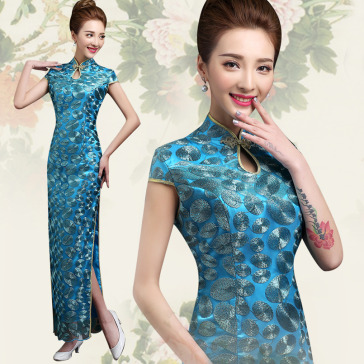 Blue circle pattern lace long traditional Chinese party dress