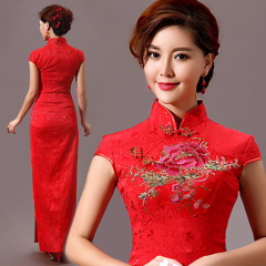 Golden sequins floral embroidered red Chinese wedding cheongsam