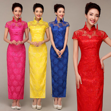 Cap sleeve mandarin collar lace cheongsam traditional Chinese wedding dress