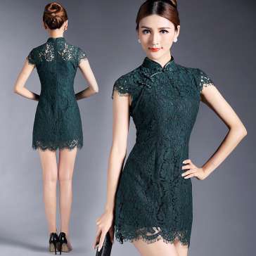 Dark green lace mini short cap sleeve summer qipao dress