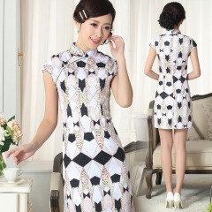 Modern abstract print short casual cotton qipao dress