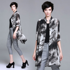 Women’s black and white chiffon mandarin collar shirt
