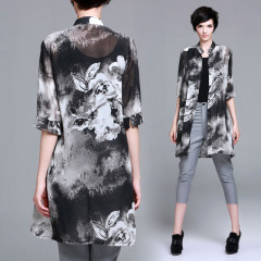 Women’s black and white chiffon mandarin collar shirt