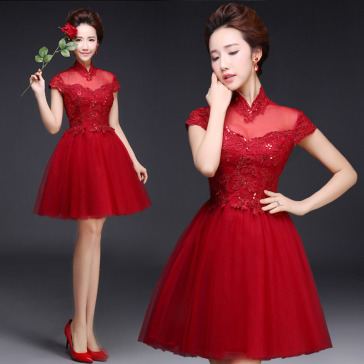 Burgundy red sequin lace modern mini Chinese wedding qipao