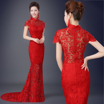 Cap sleeve red lace wedding cheongsam mermaid trailing prom dress