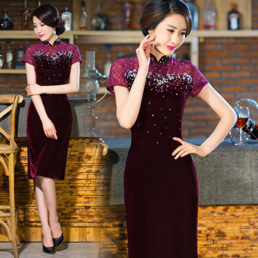 Burgundy red lace velvet qipao traditional Chinese sheath dress