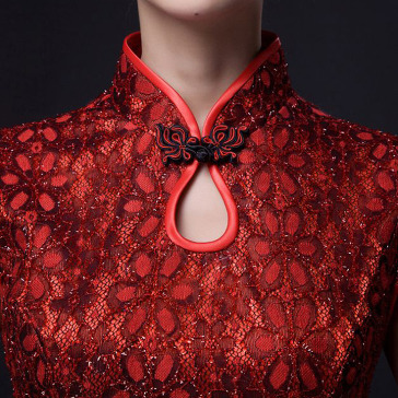Burgundy red floral lace long cheongsam Chinese wedding dress