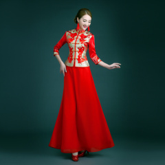 Symmetrical golden dragon red Chinese mandarin collar dress