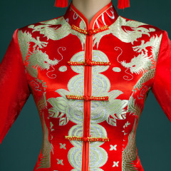 Symmetrical golden dragon red Chinese mandarin collar dress