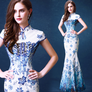 Blue and white pottery print lace modern mermaid cheongsam