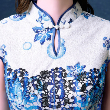 Blue and white pottery print lace modern mermaid cheongsam