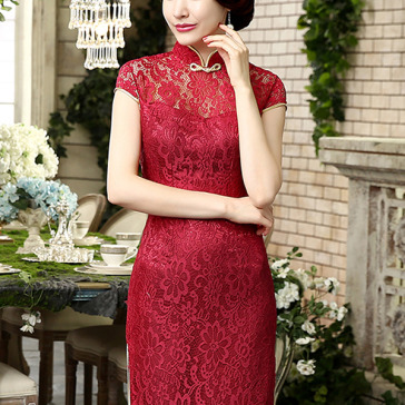 Burgundy lace traditional mandarin collar Chinese dress