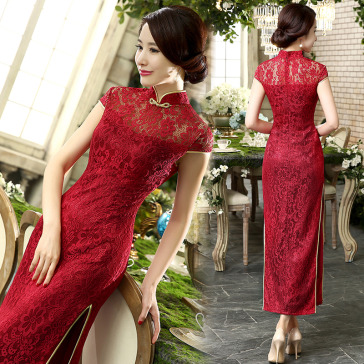 Burgundy lace traditional mandarin collar Chinese dress